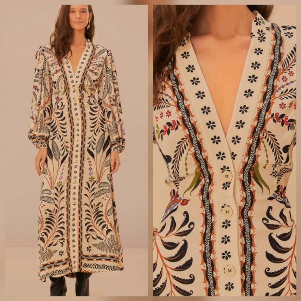FARM Rio Cream Maxi Dress with Black, Green & Rust Botanical Print